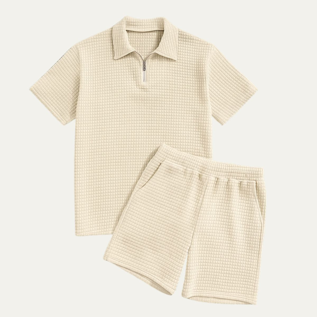 Men's Two Piece Waffle Texture Zip Polo Shirt and Shorts Set Summer