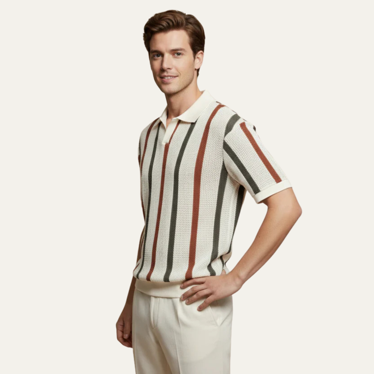 Men's Vintage Striped Knit Polo Shirt Short Sleeve Summer