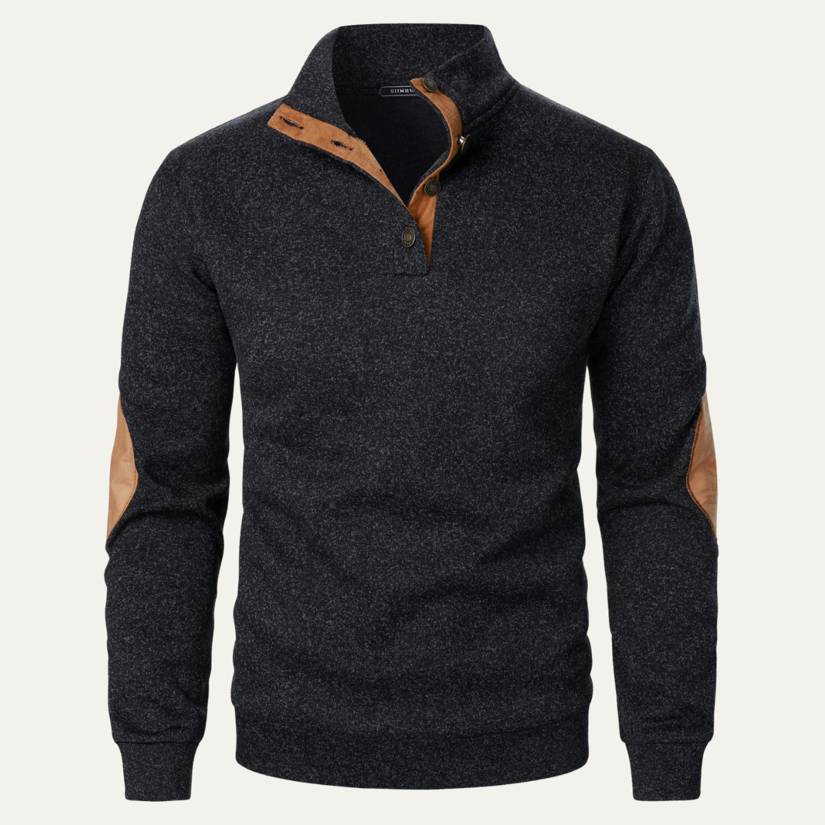 Men’s Stand Collar Fleece Sweater with Suede Elbow Patches