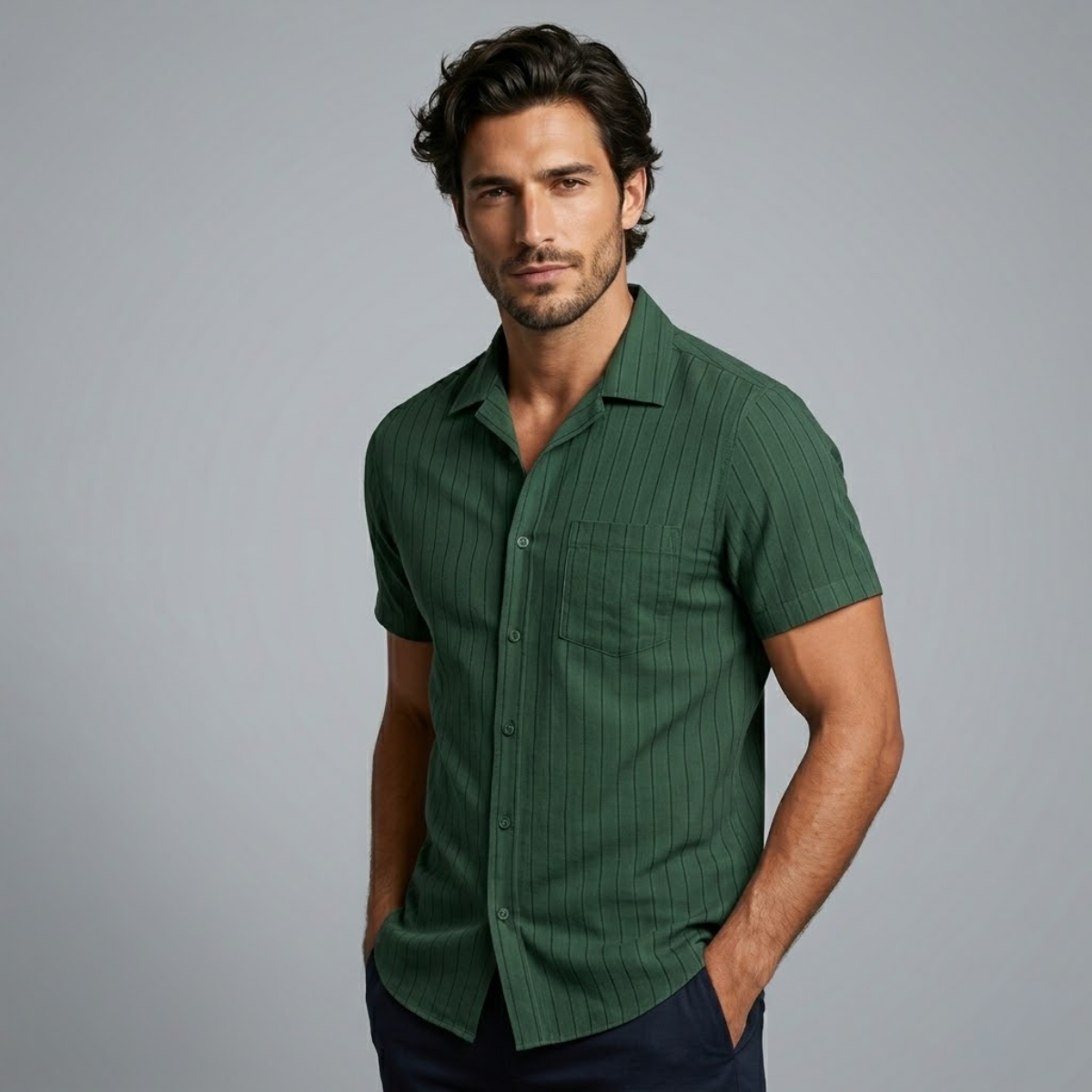 Men's Textured Vertical Stripe Short Sleeve Button-Down Shirt