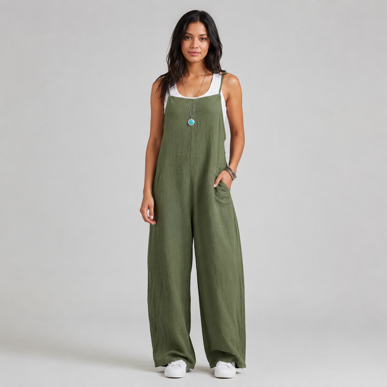 Women's Linen Wide Leg Pants Dungaree Jumpsuit