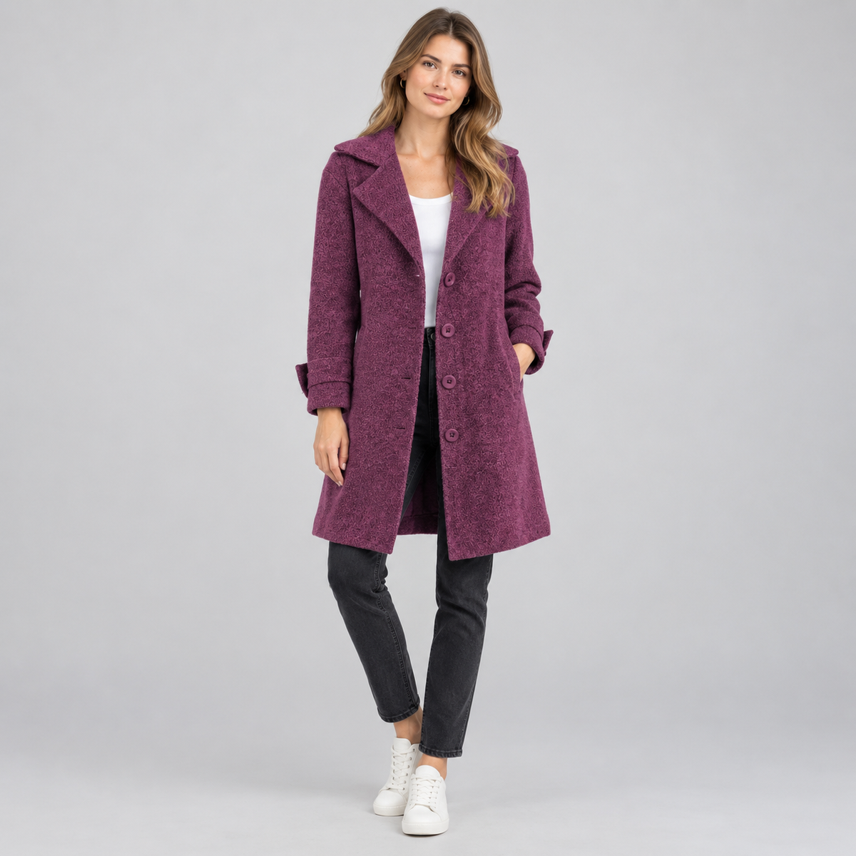Women's Longline Button-Front Lapel Coat on a model, colour option