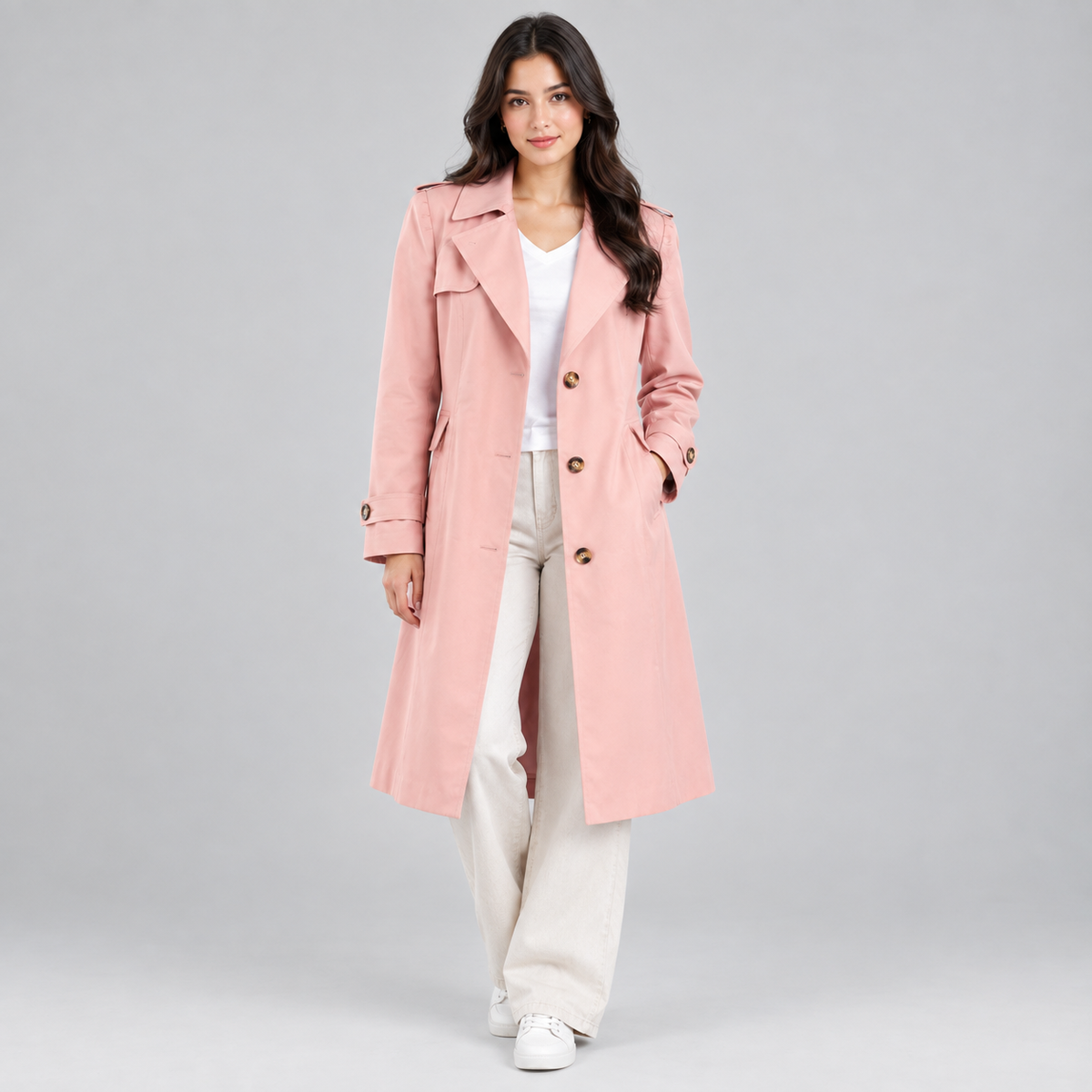 Women's Tailored Longline Button Coat on a model, colour option