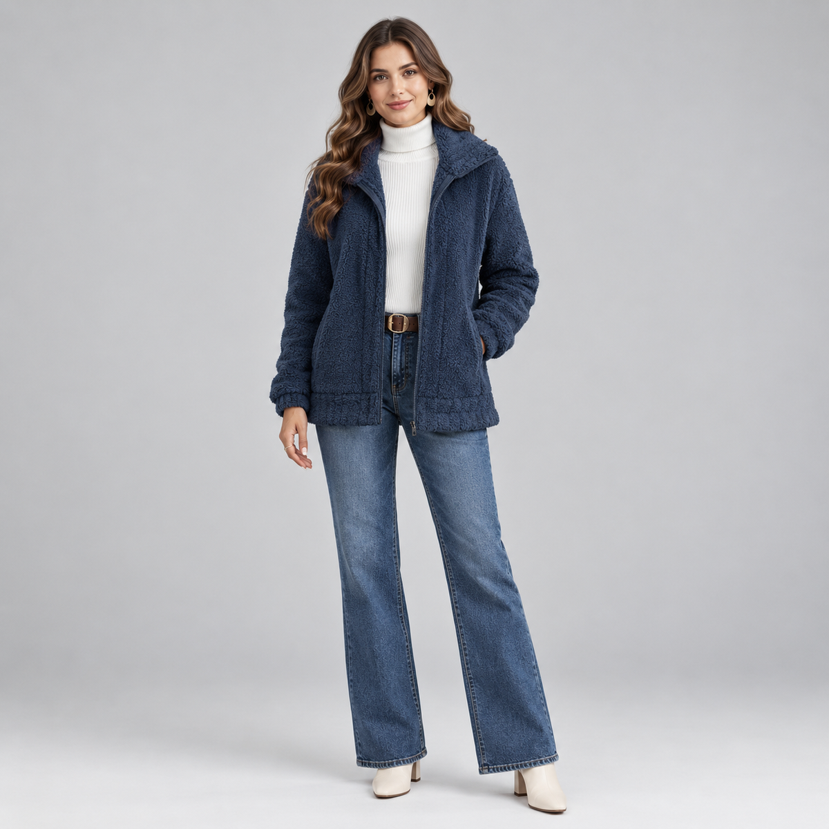 Women's Fluffy Zip-Up Teddy Fleece Jacket on a model, colour option
