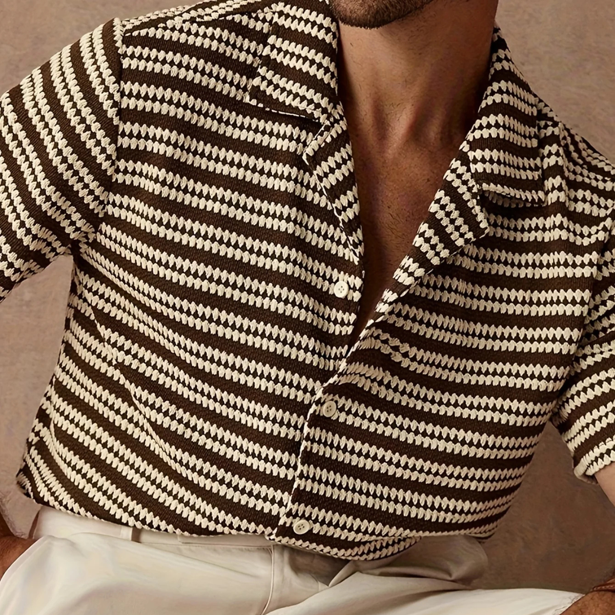 Men's Textured Knit Striped Camp Collar Short Sleeve Shirt