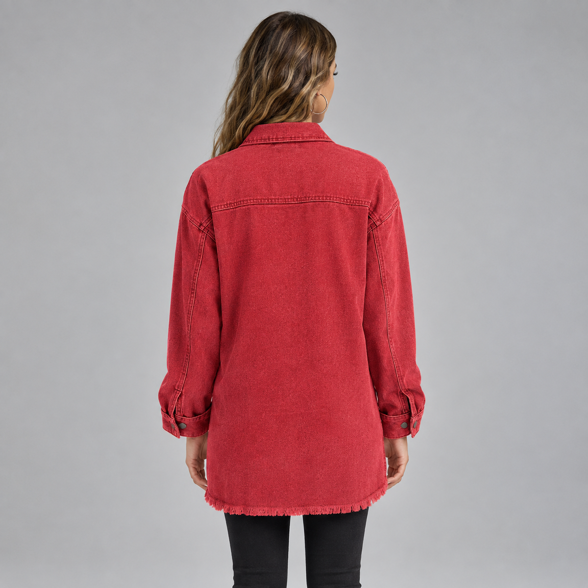 Women's Oversized Snap-Button Denim Jacket on a model, back view