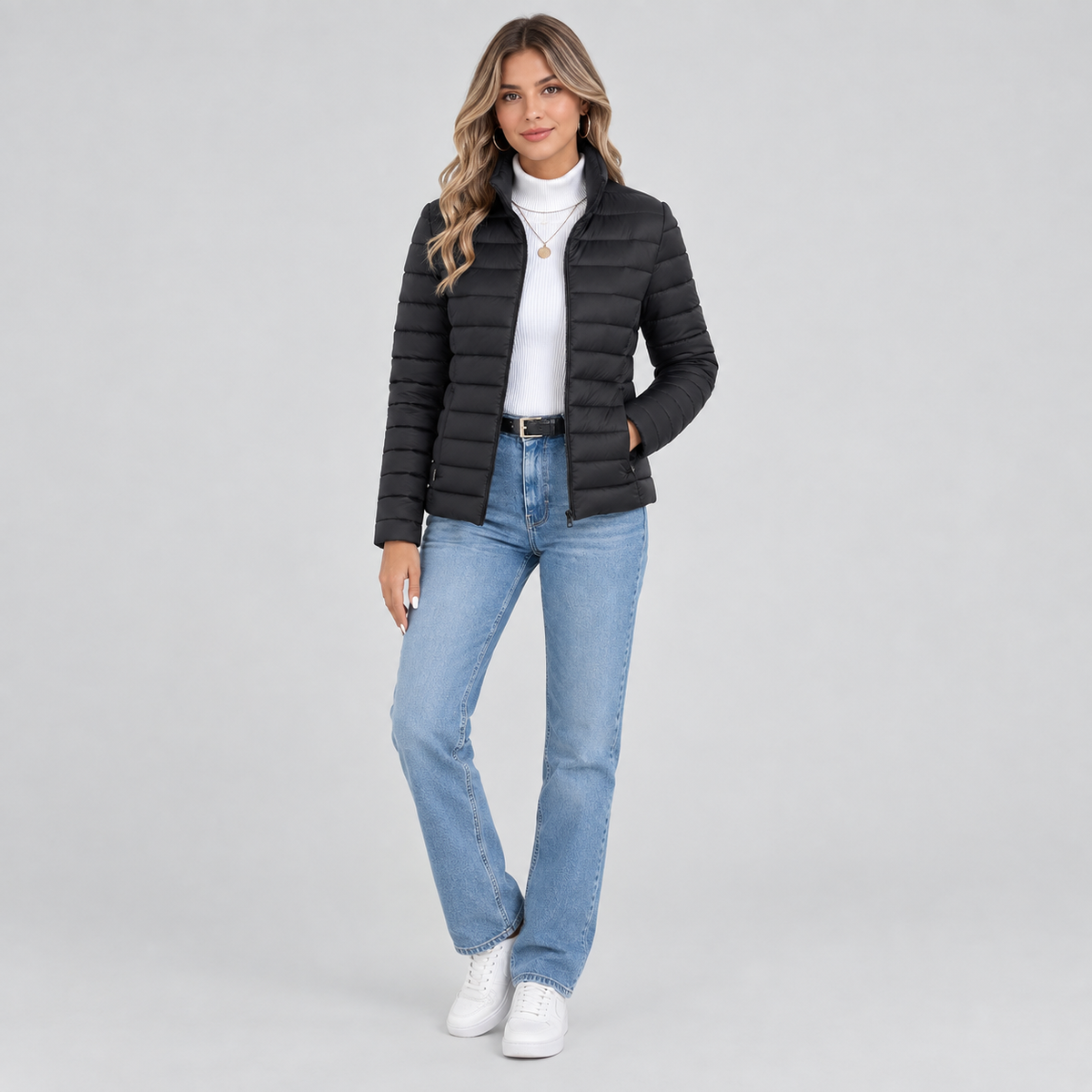 Women's Lightweight Quilted Puffer Coat on a model, colour option