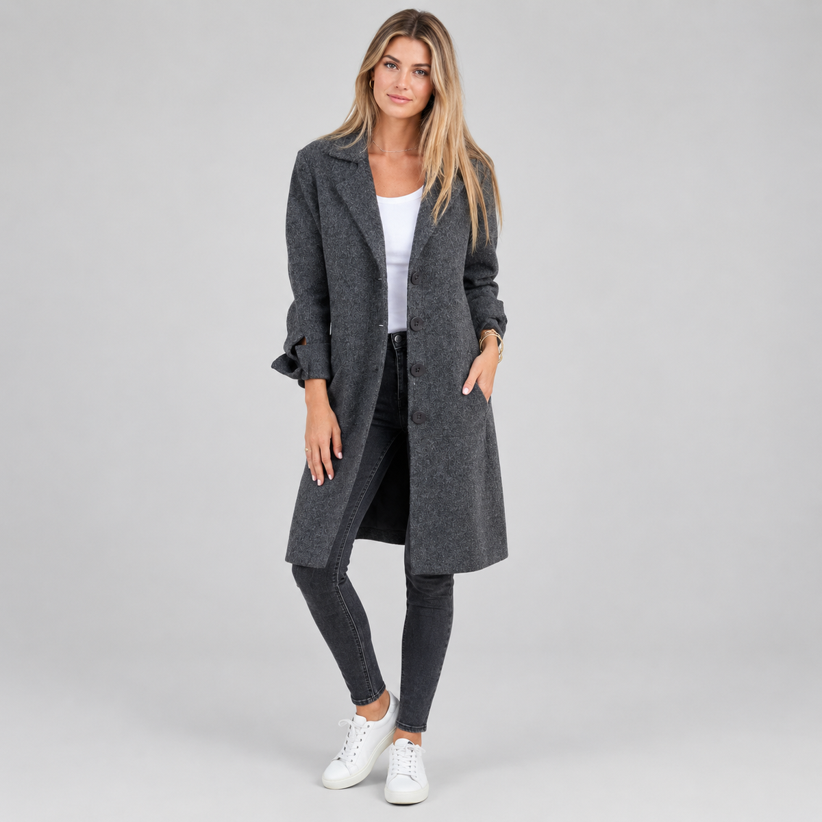 Women's Longline Button-Front Lapel Coat on a model, colour option
