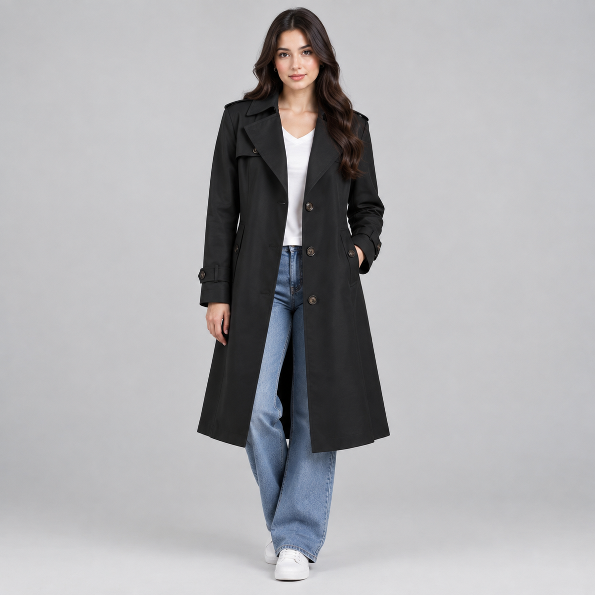 Women's Tailored Longline Button Coat on a model, colour option