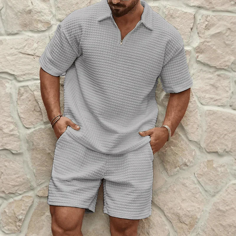 Men's Two Piece Waffle Texture Zip Polo Shirt and Shorts Set Summer