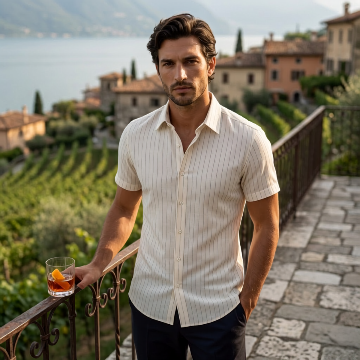 Men's Textured Vertical Stripe Short Sleeve Button-Down Shirt