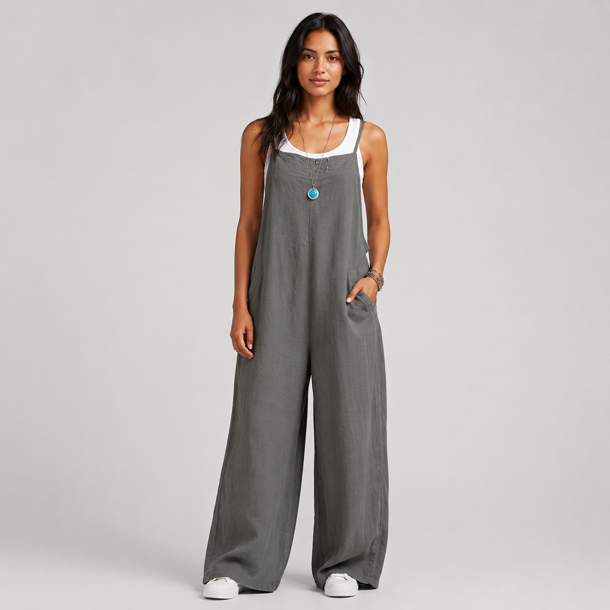 Women's Linen Wide Leg Pants Dungaree Jumpsuit
