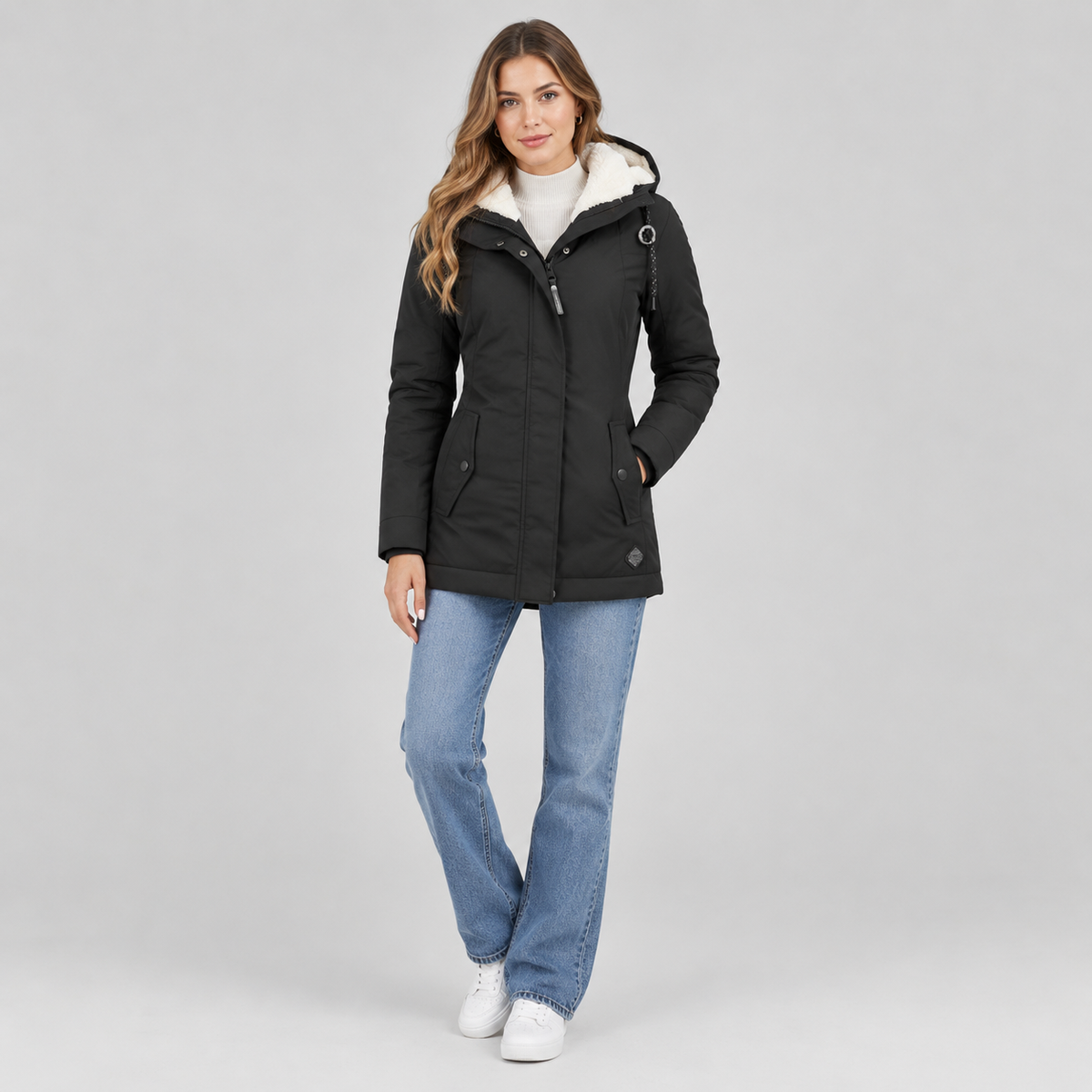 Women's Sherpa-Lined Hooded Quilted Jacket on a model, colour option