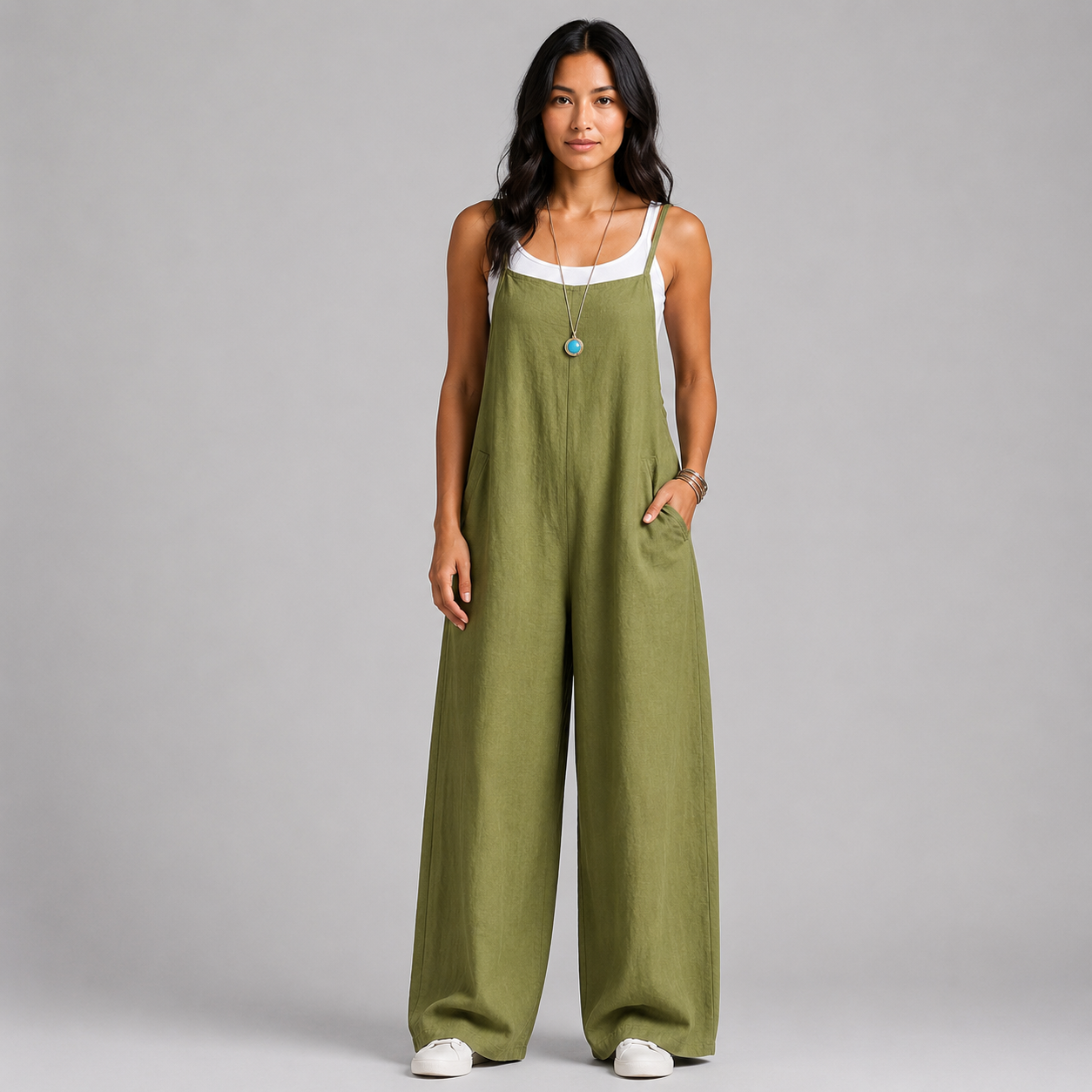 Women's Linen Wide Leg Pants Dungaree Jumpsuit