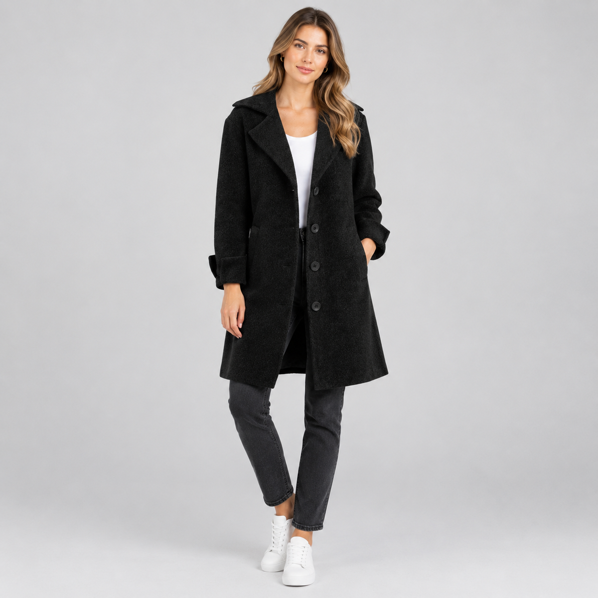Women's Longline Button-Front Lapel Coat on a model, colour option
