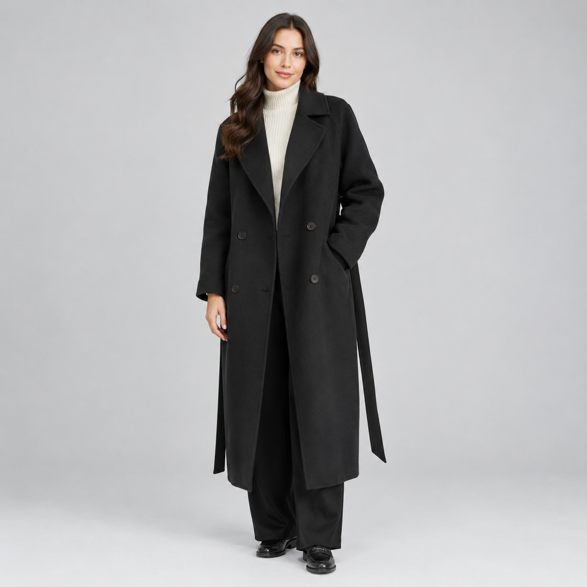 Women's Long Lapel Button Coat on a model, front view