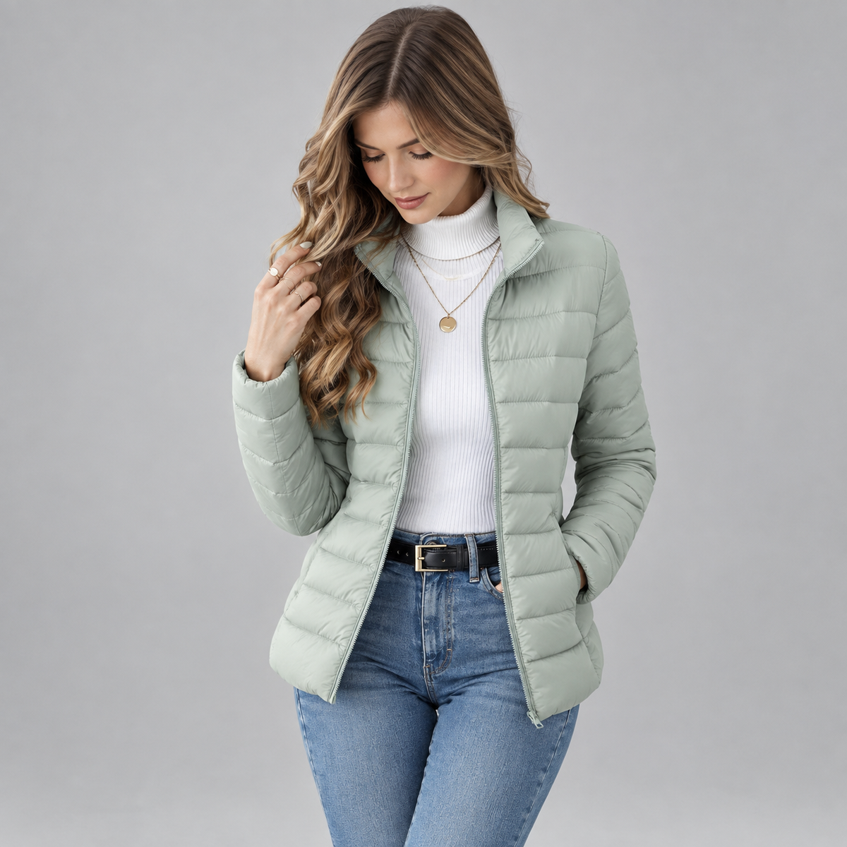 Women's Lightweight Quilted Puffer Coat on a model, front detail