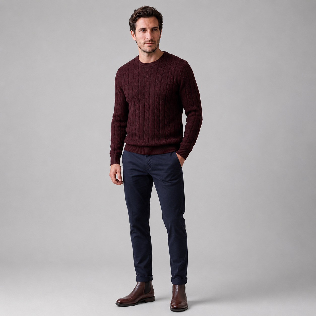Men's Cable Knit Wool Crew Neck Sweater