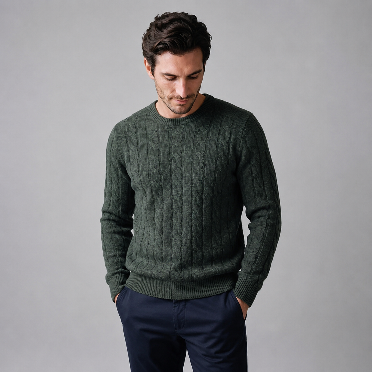 Men's Cable Knit Wool Crew Neck Sweater