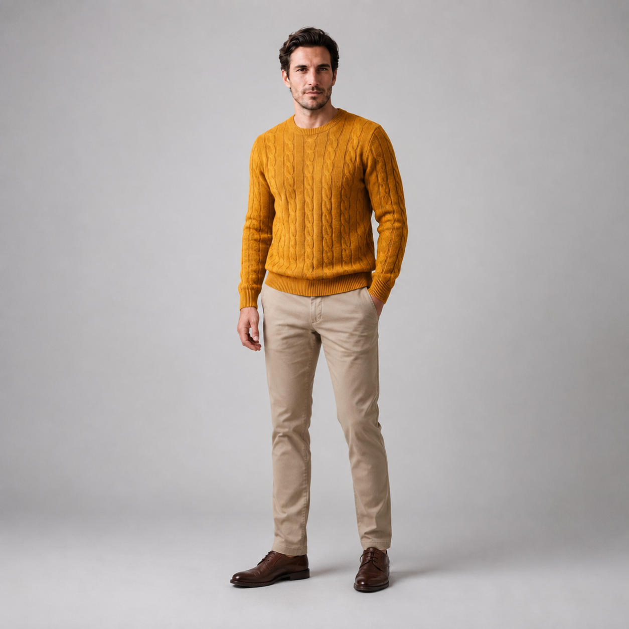 Men's Cable Knit Wool Crew Neck Sweater