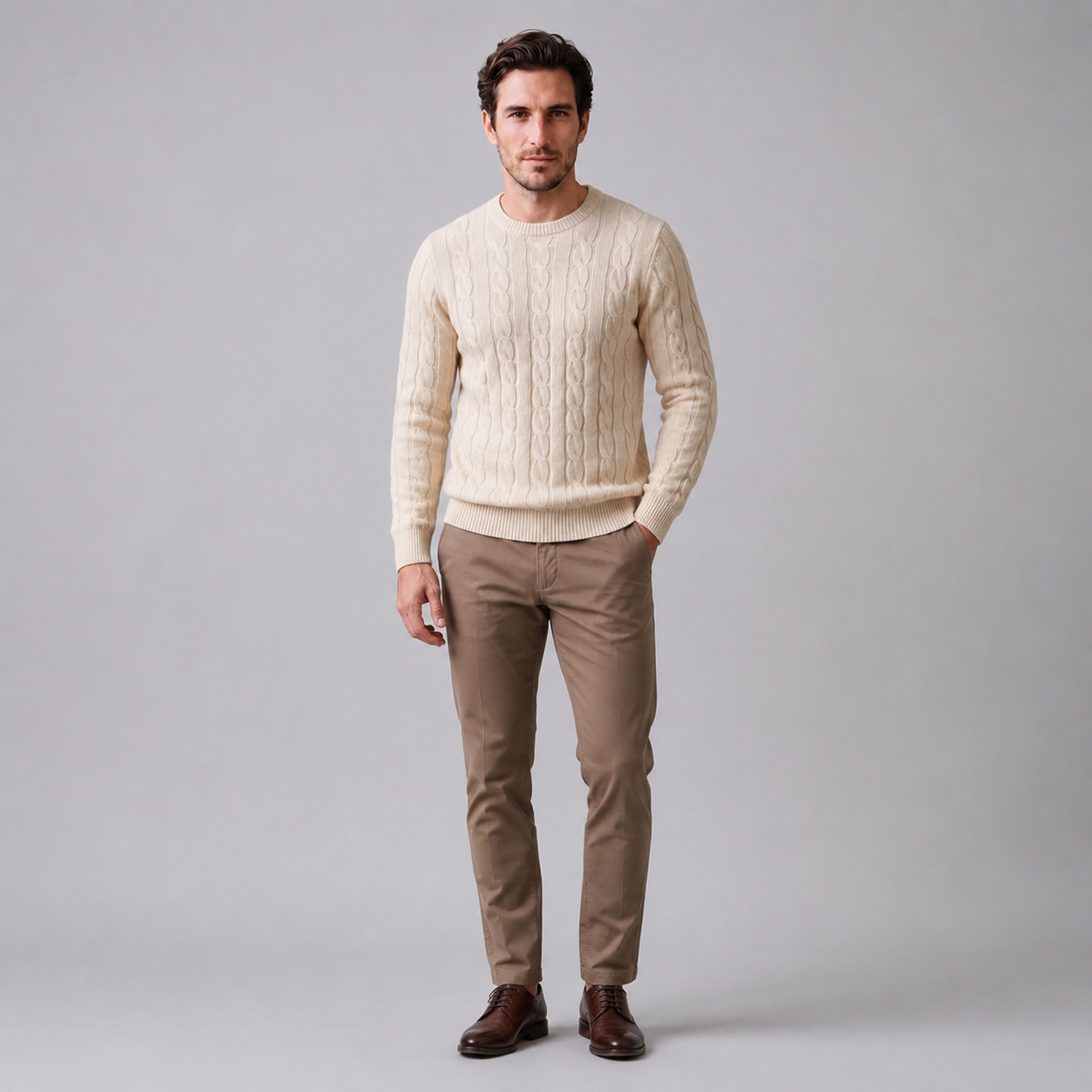 Men's Cable Knit Wool Crew Neck Sweater