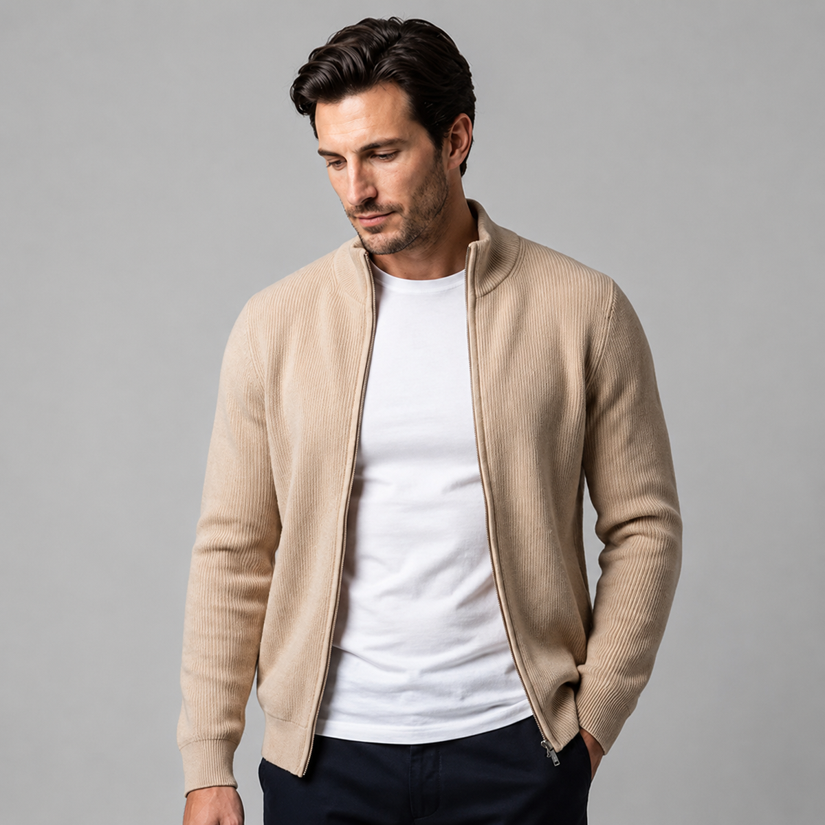 Men's Ribbed Wool Full-Zip Cardigan