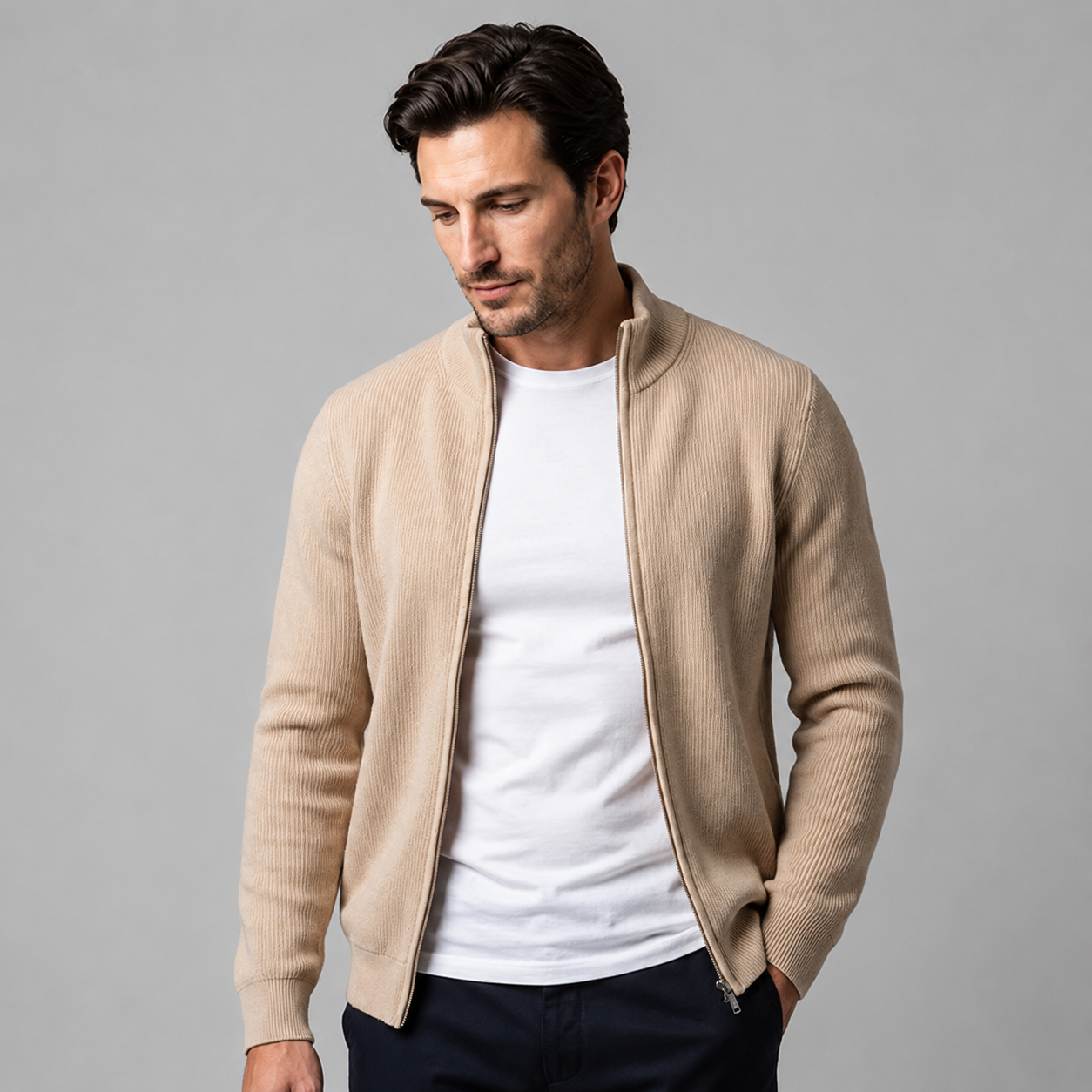 Men's Ribbed Wool Full-Zip Cardigan