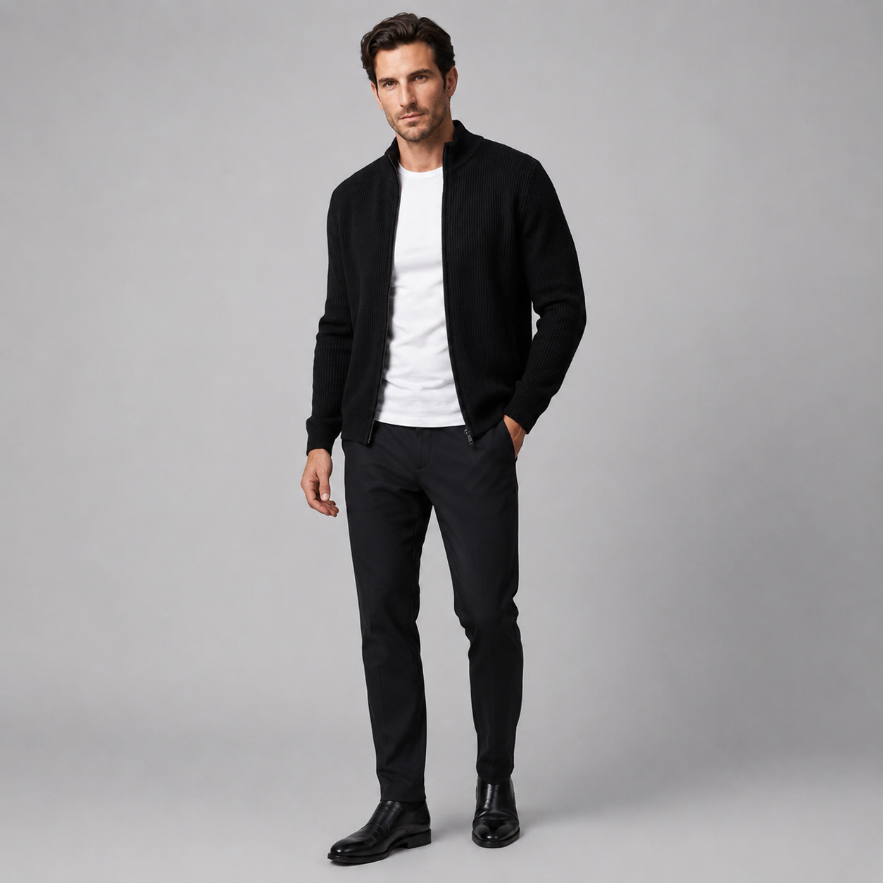 Men's Ribbed Wool Full-Zip Cardigan