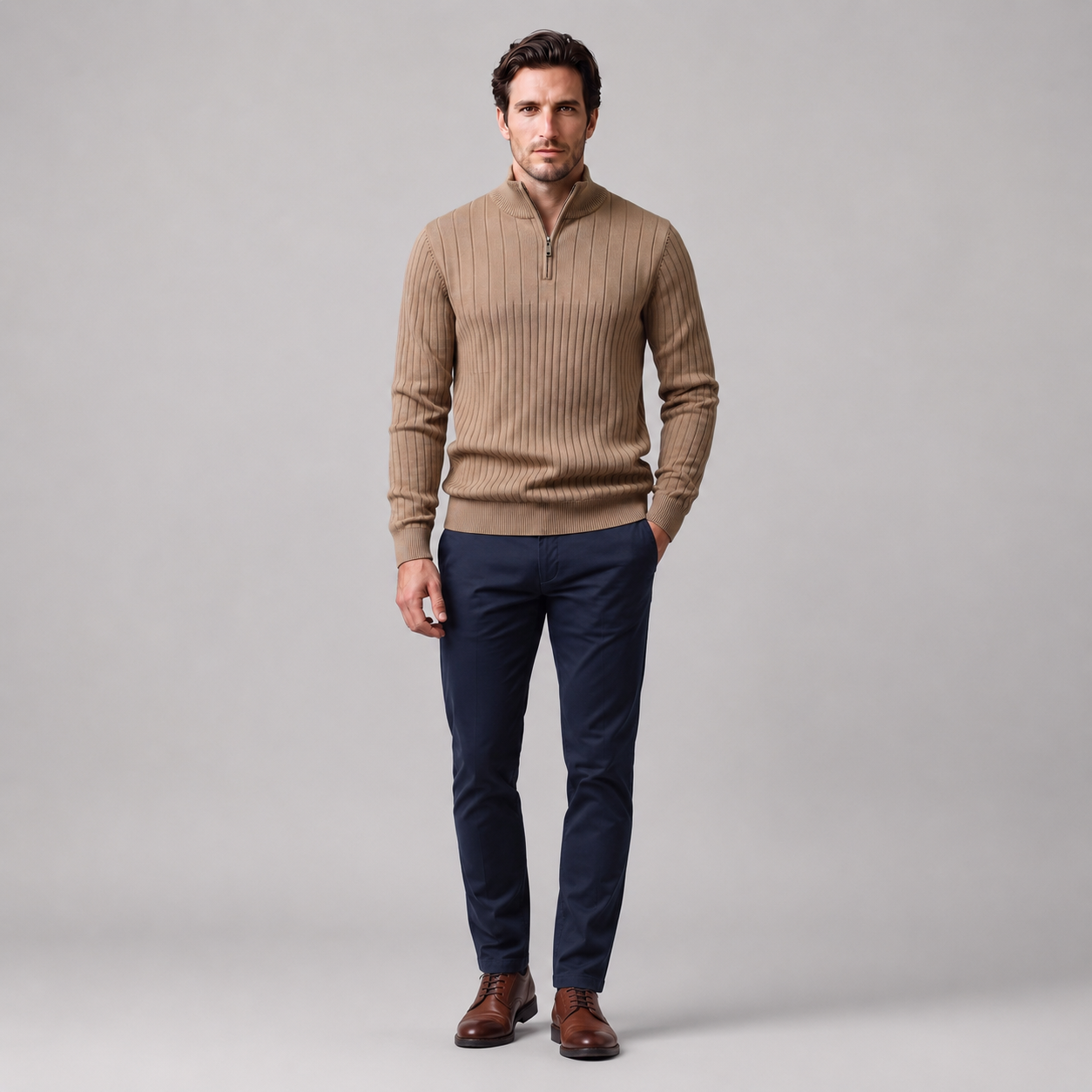 Men's Ribbed Half-Zip Cotton Sweater