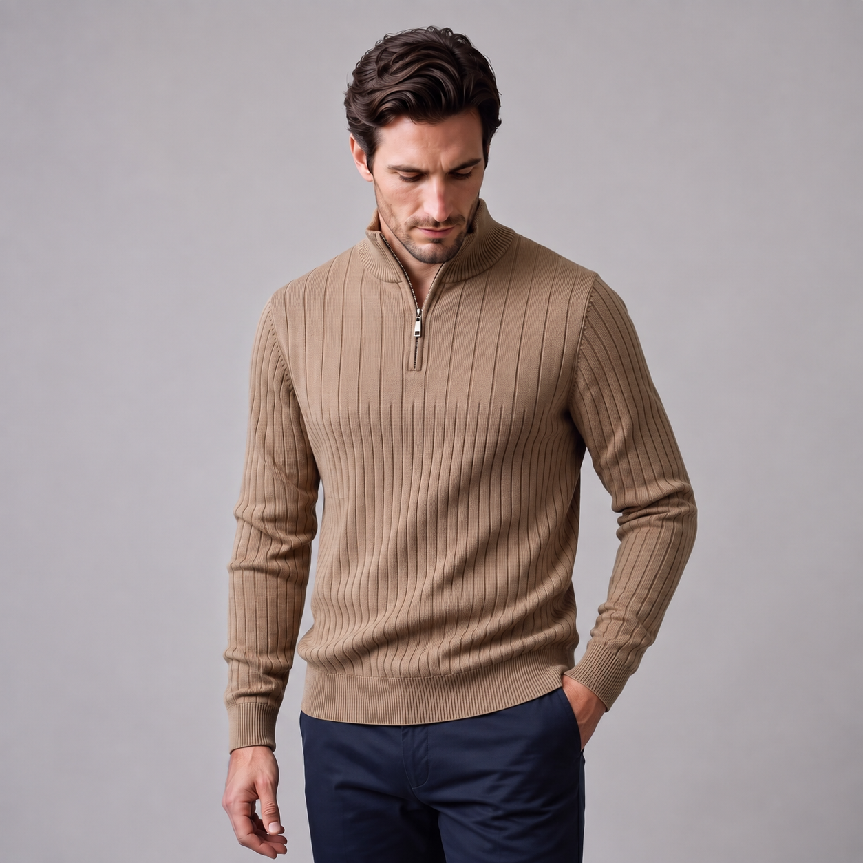 Men's Ribbed Half-Zip Cotton Sweater