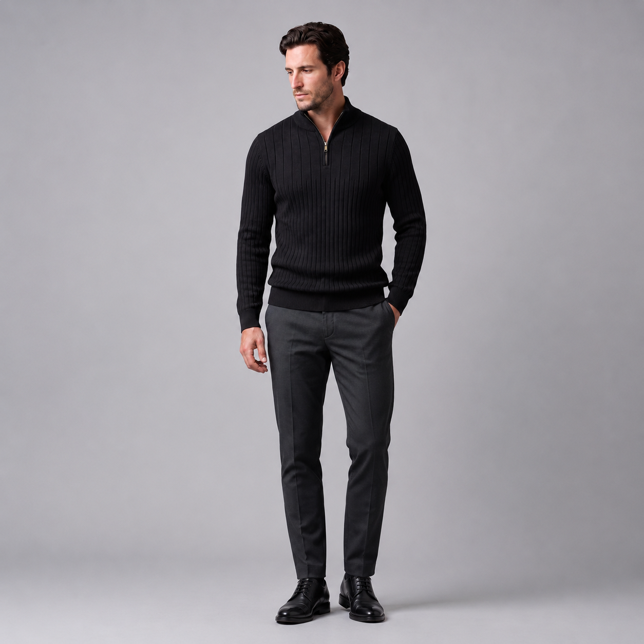 Men's Ribbed Half-Zip Cotton Sweater