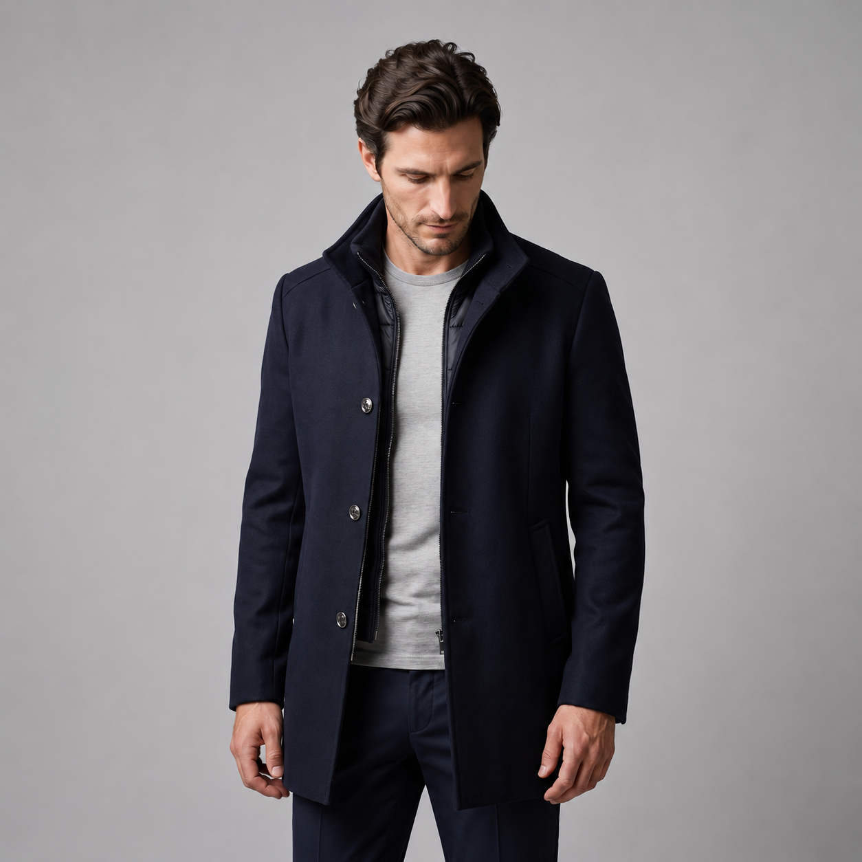 Men's Wool-Look Stand Collar Overcoat