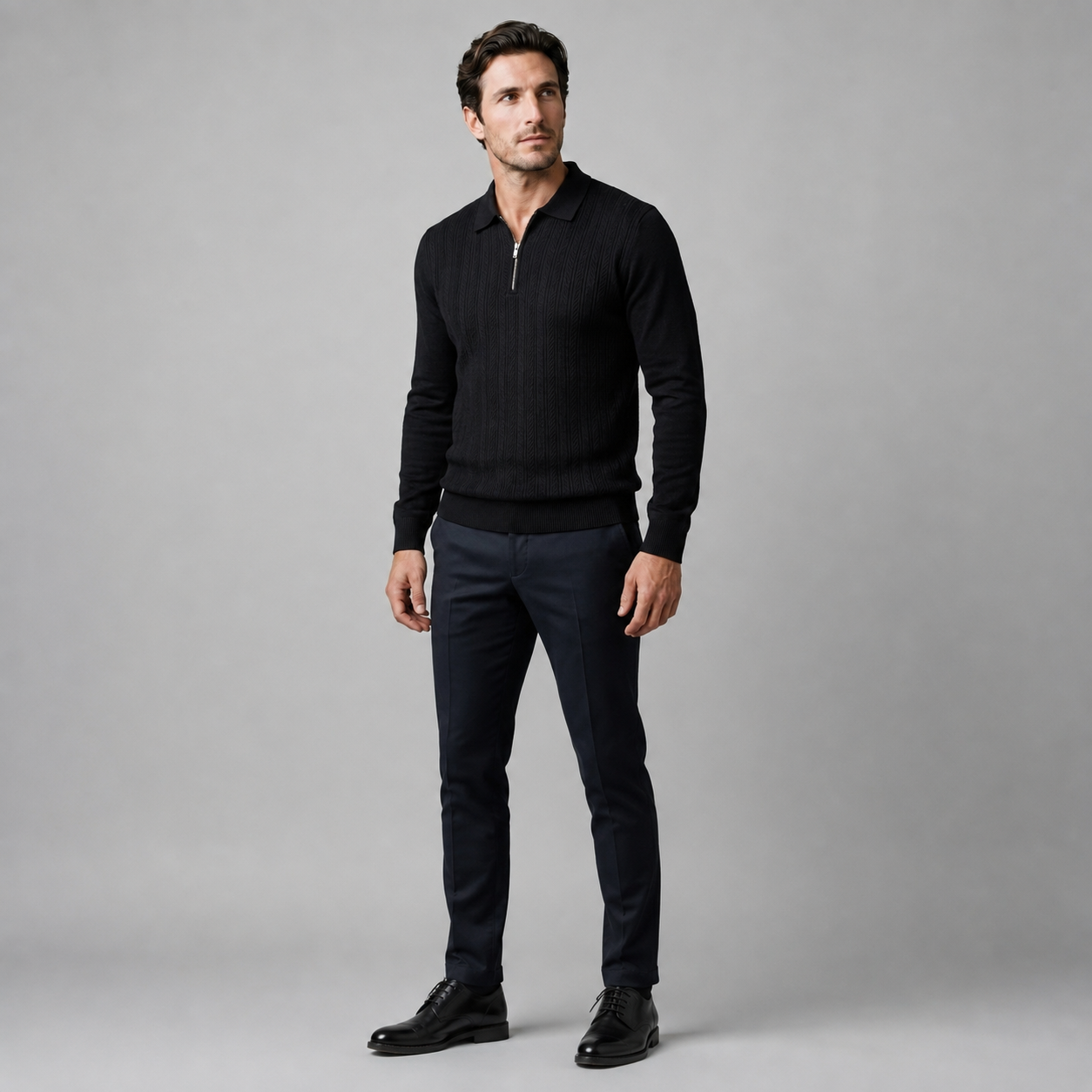 Men's Rib Knit Polo Shirt with Zipper