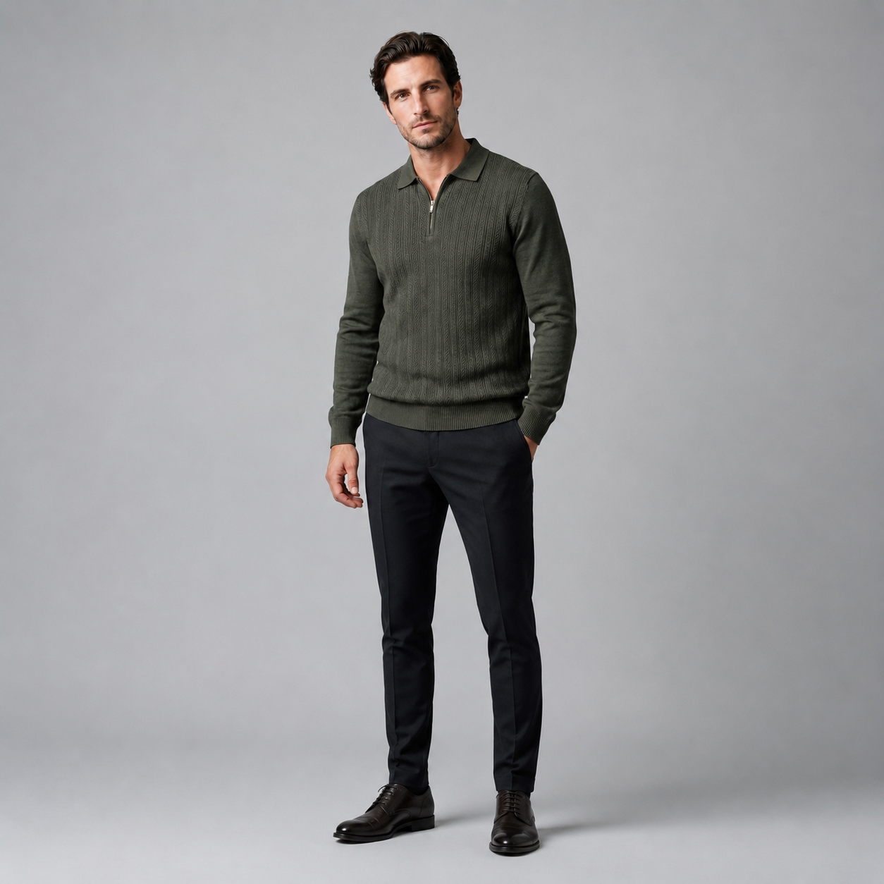 Men's Rib Knit Polo Shirt with Zipper