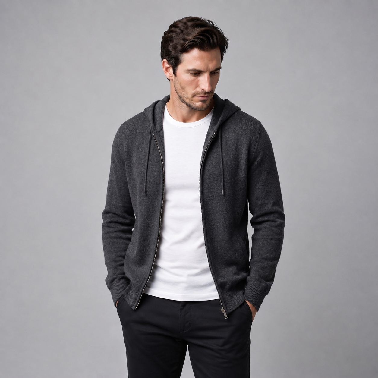 Men's Wool Full-Zip Knit Hooded Cardigan