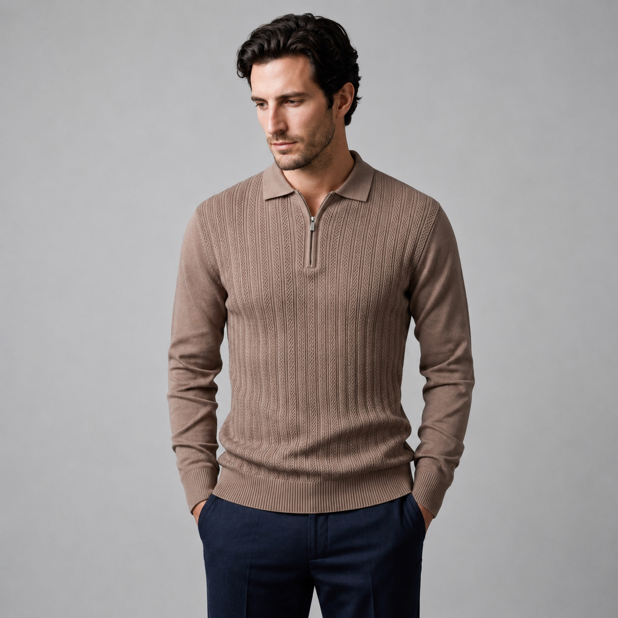 Men's Rib Knit Polo Shirt with Zipper