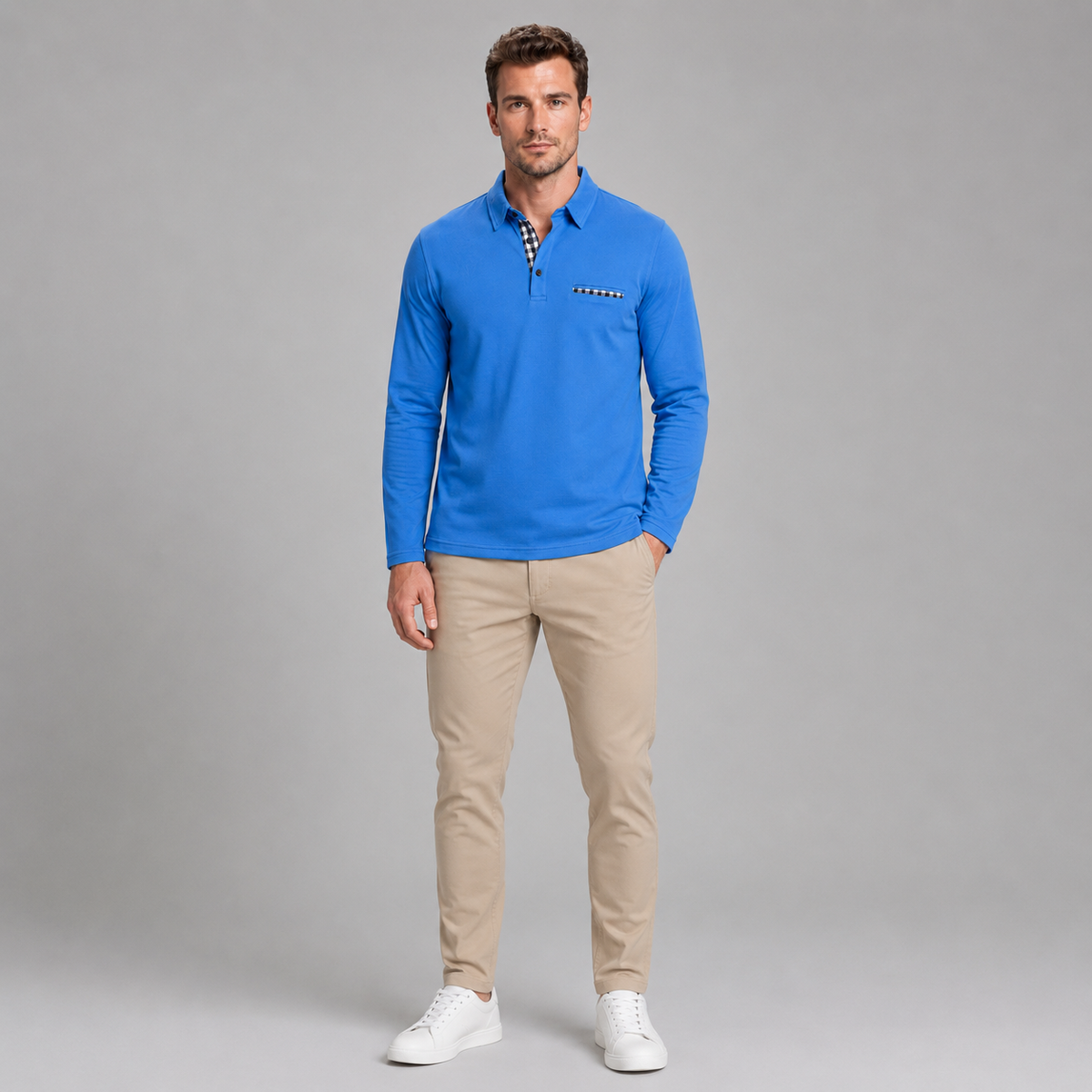 Men’s Long Sleeve Gingham Trim Polo Shirt