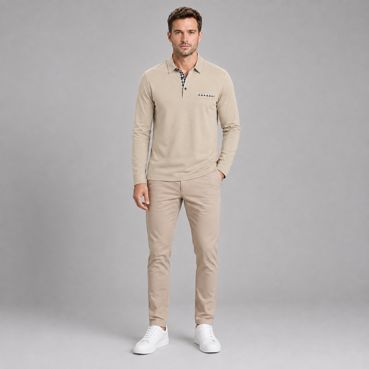 Men’s Long Sleeve Gingham Trim Polo Shirt