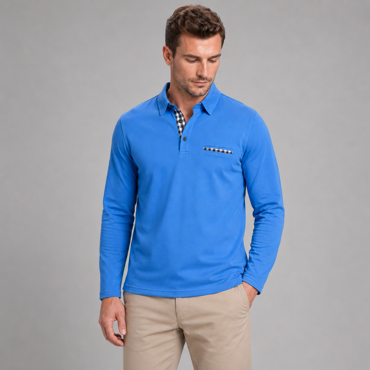 Men’s Long Sleeve Gingham Trim Polo Shirt