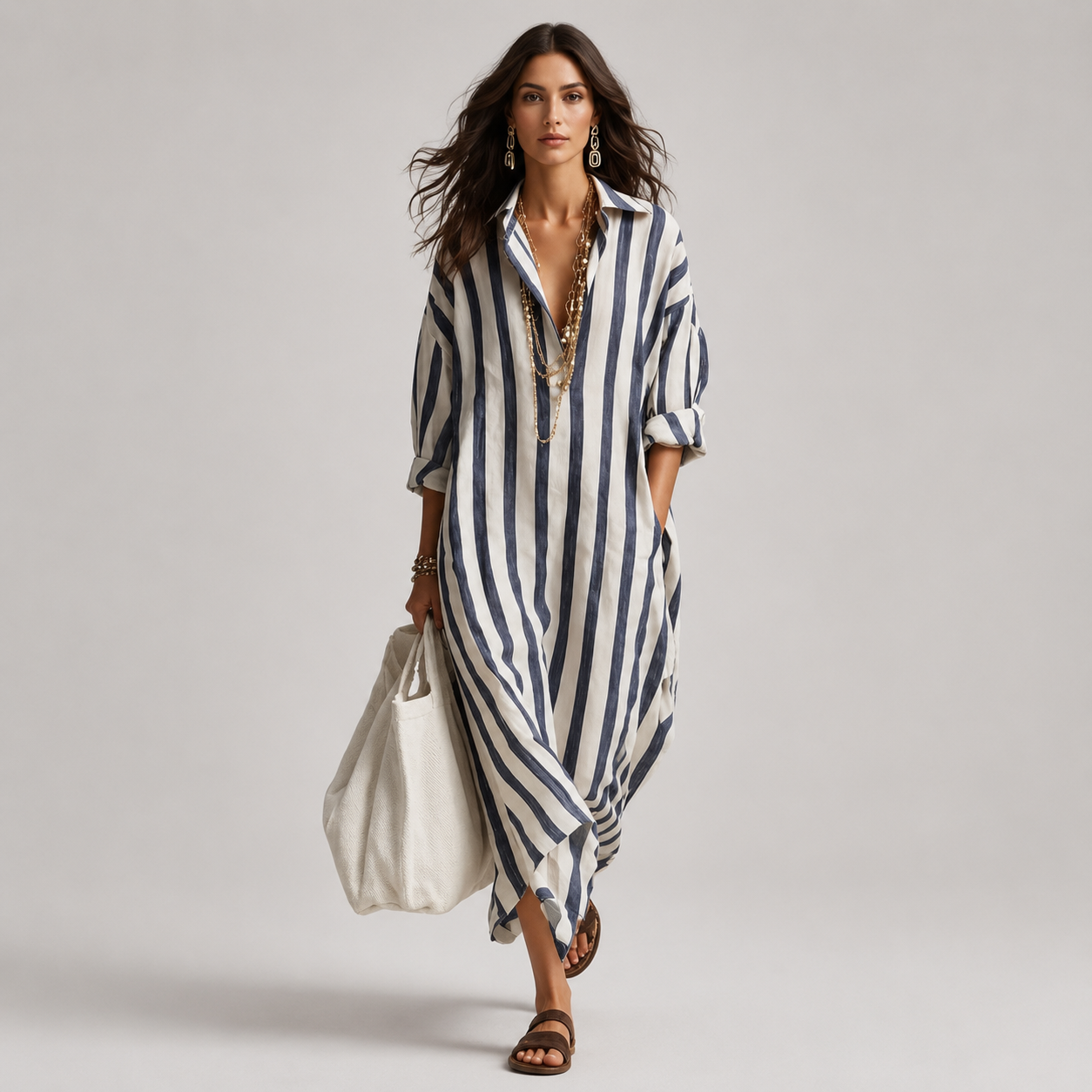 Women's Oversized Striped Linen Shirt Maxi Dress