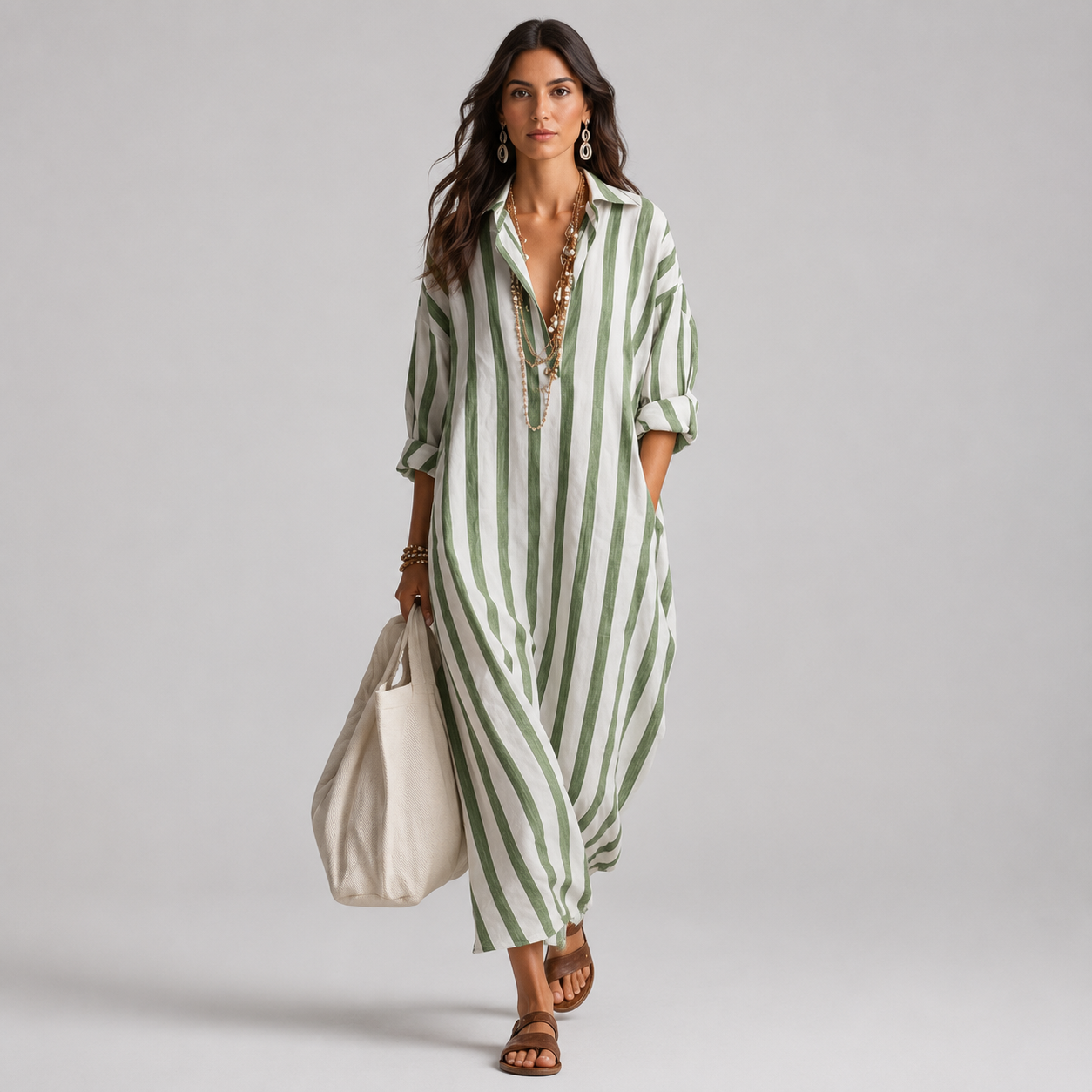 Women's Oversized Striped Linen Shirt Maxi Dress