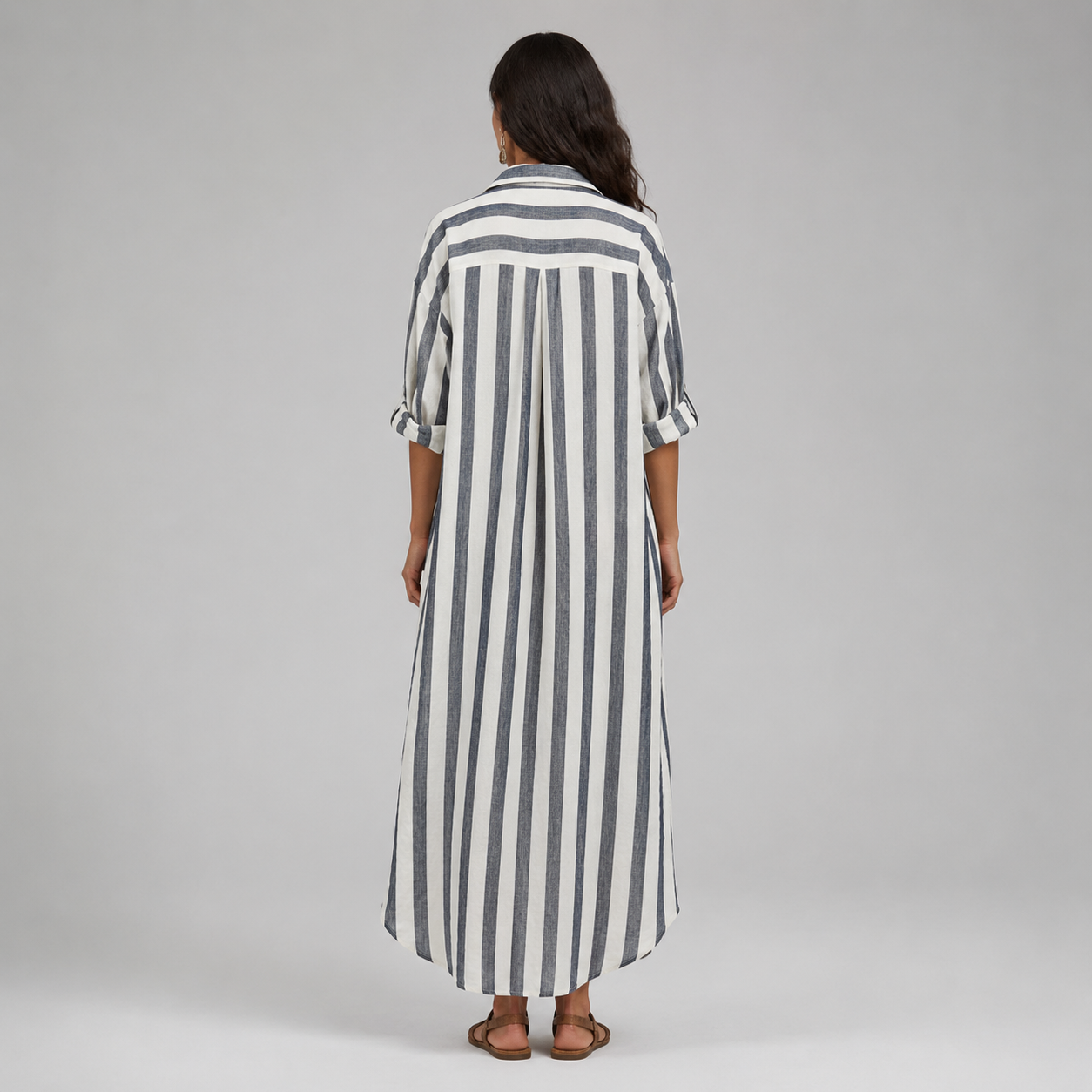 Women's Oversized Striped Linen Shirt Maxi Dress