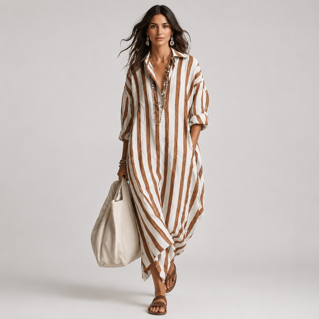 Women's Oversized Striped Linen Shirt Maxi Dress