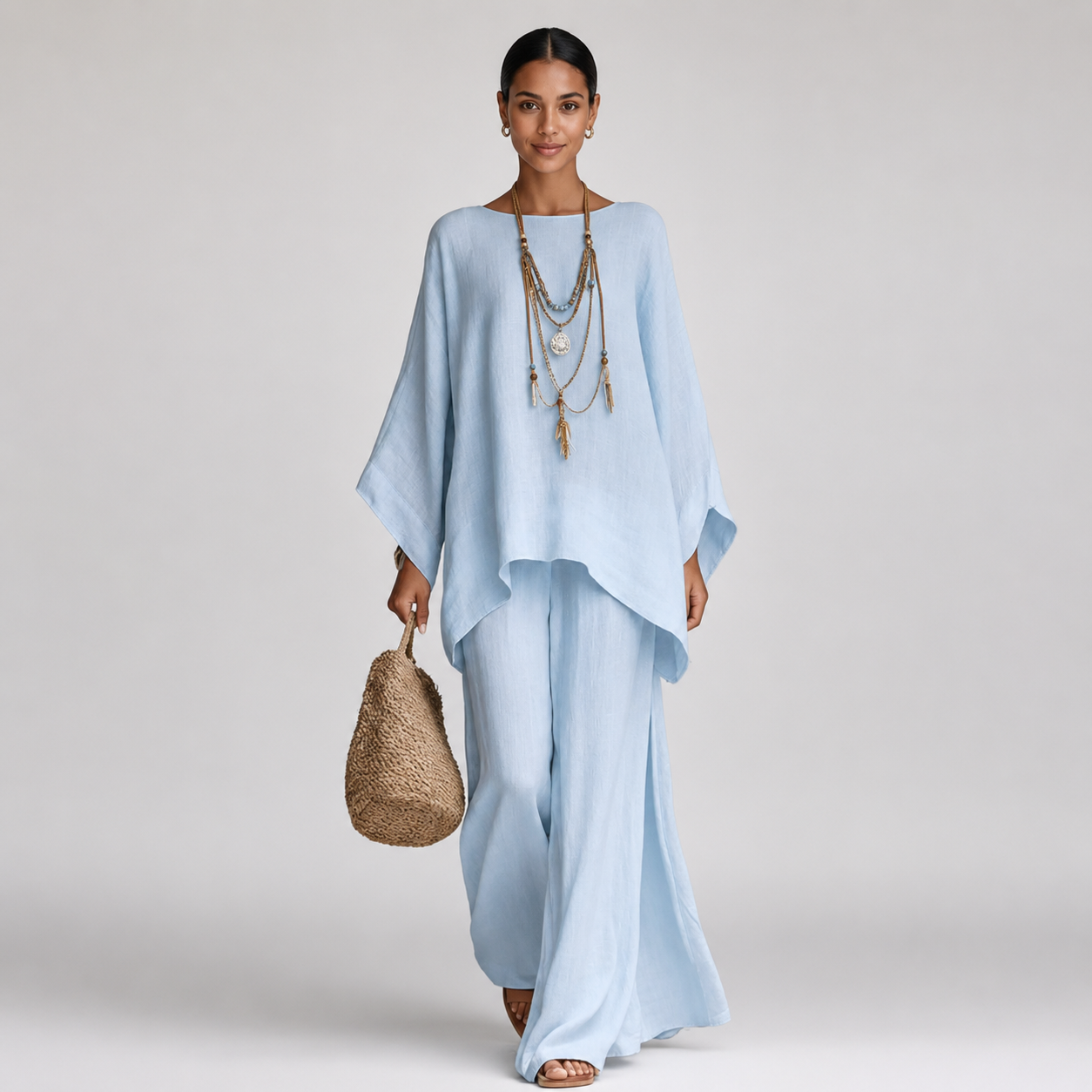 Women's Batwing Sleeve Linen-Look Wide-Leg Co-Ord Set