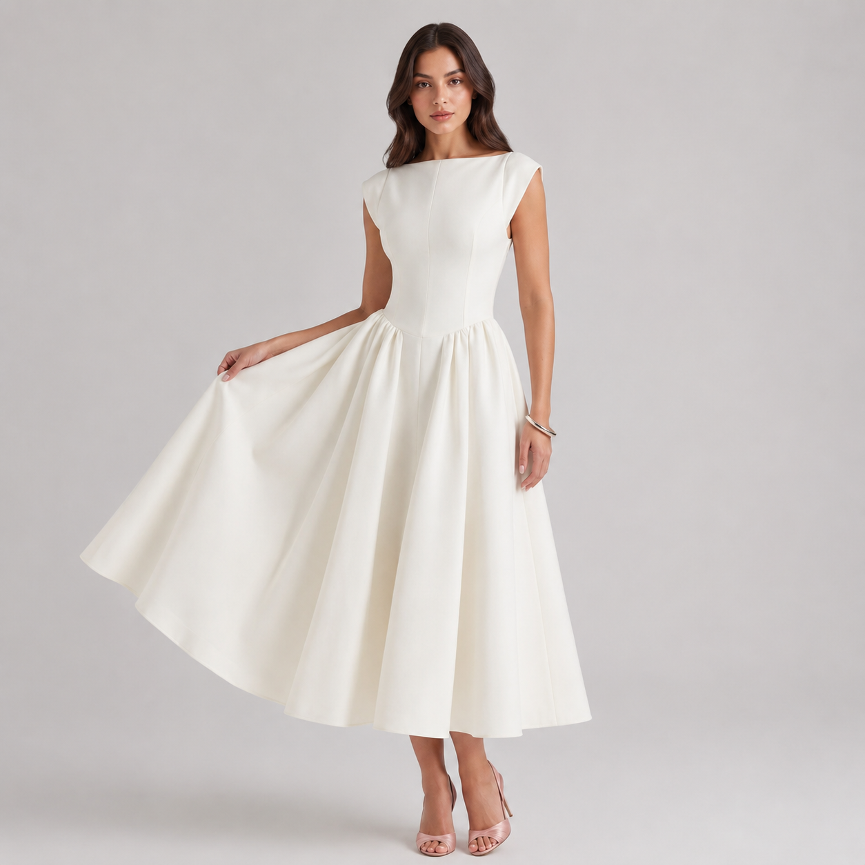 Women's Bateau Neck Satin Midi Dress