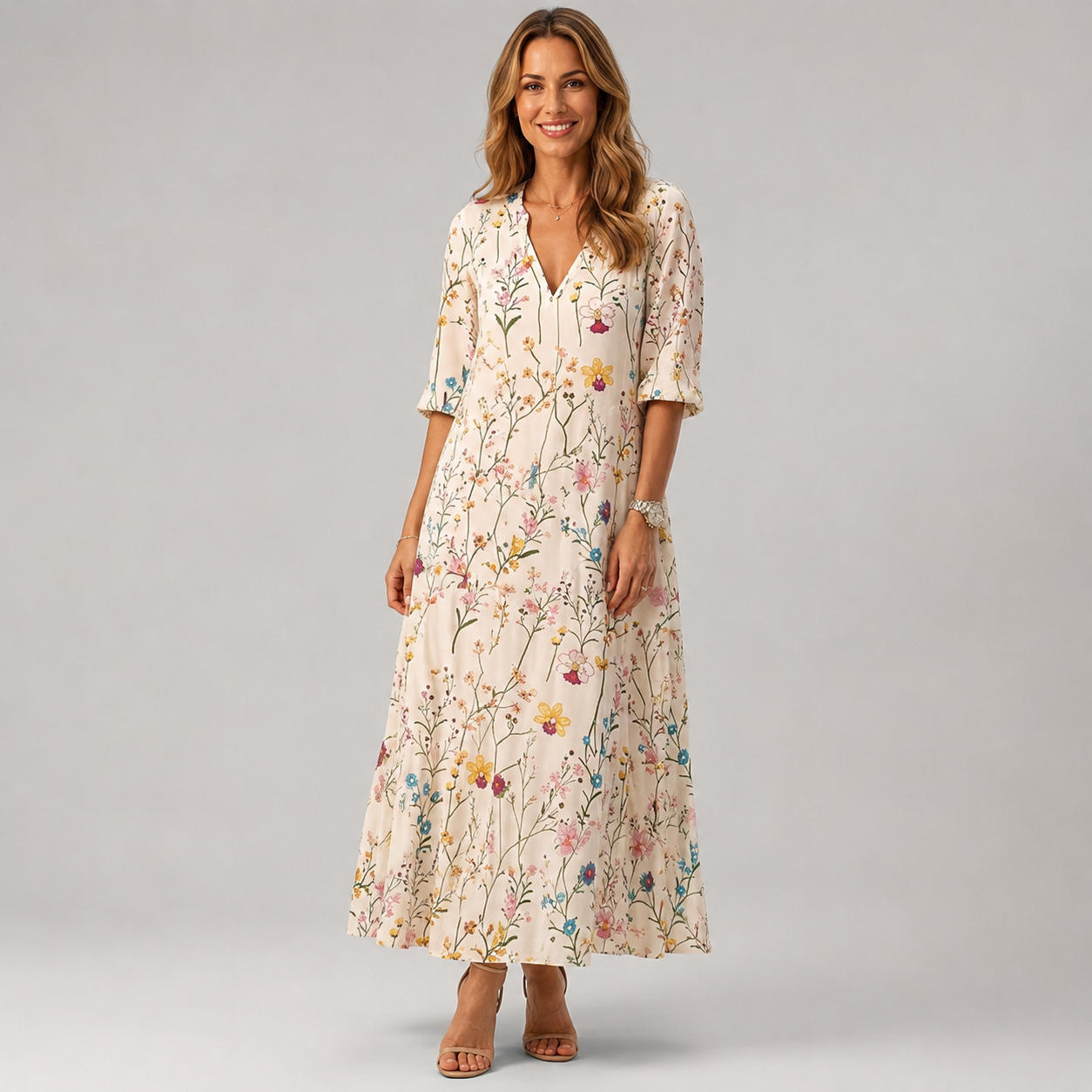 Women's Bohemian Floral Maxi Dress With V-Neck