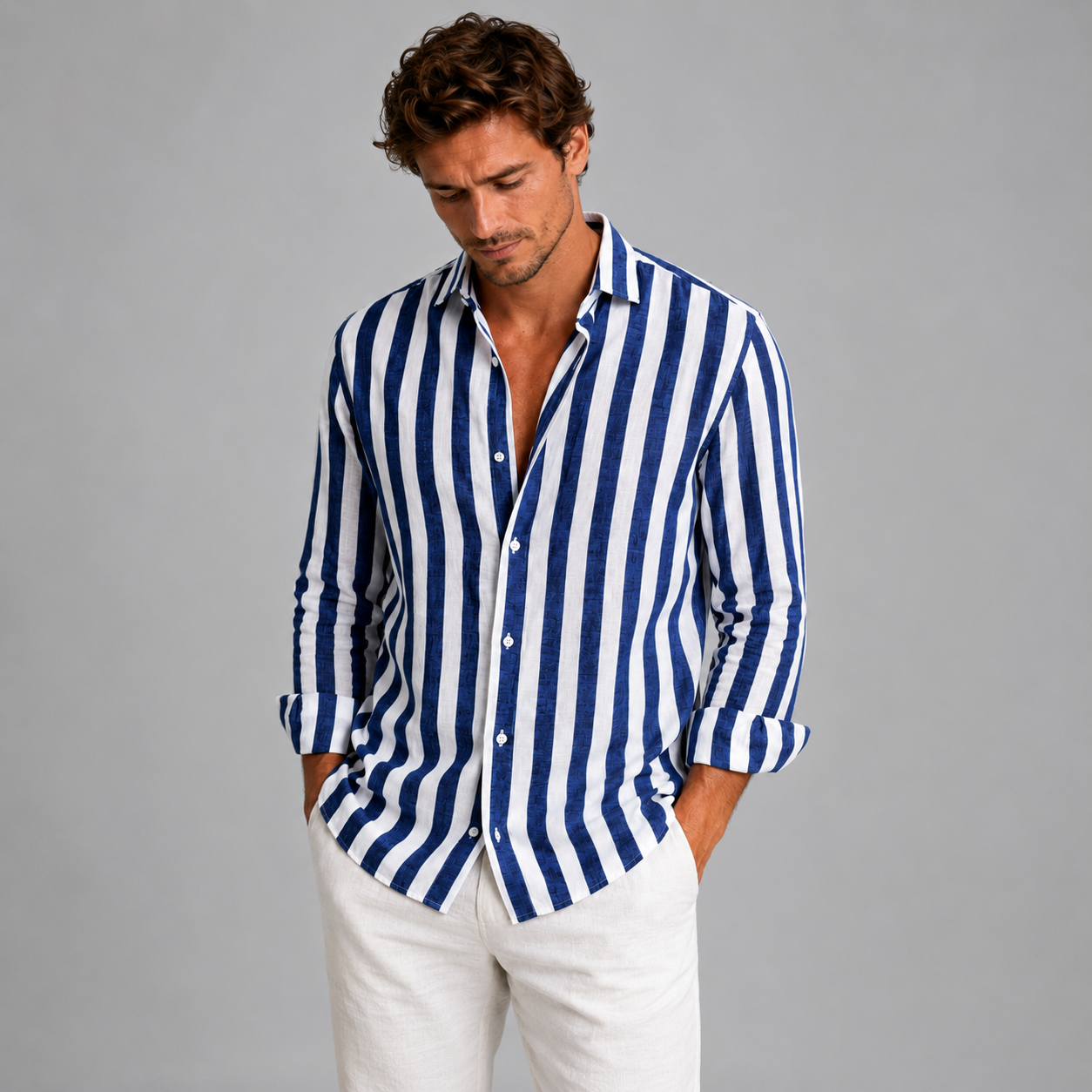Men’s Striped Linen Look Button-Up Shirt