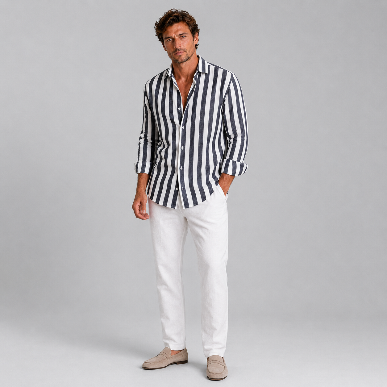 Men’s Striped Linen Look Button-Up Shirt