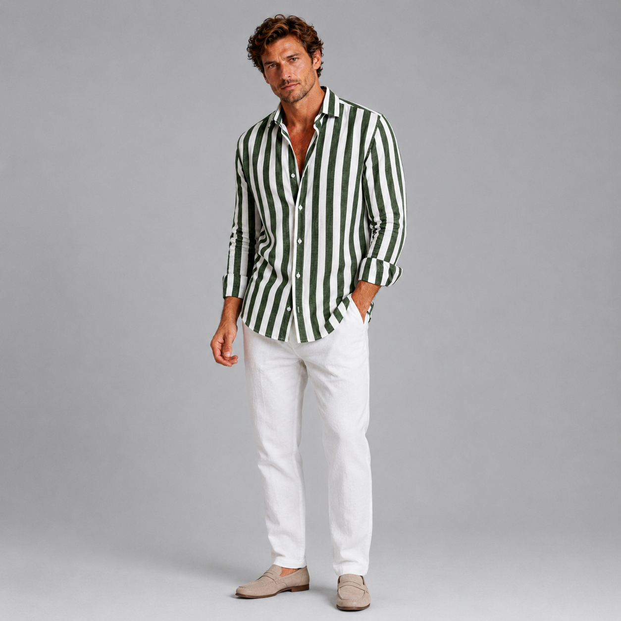 Men’s Striped Linen Look Button-Up Shirt