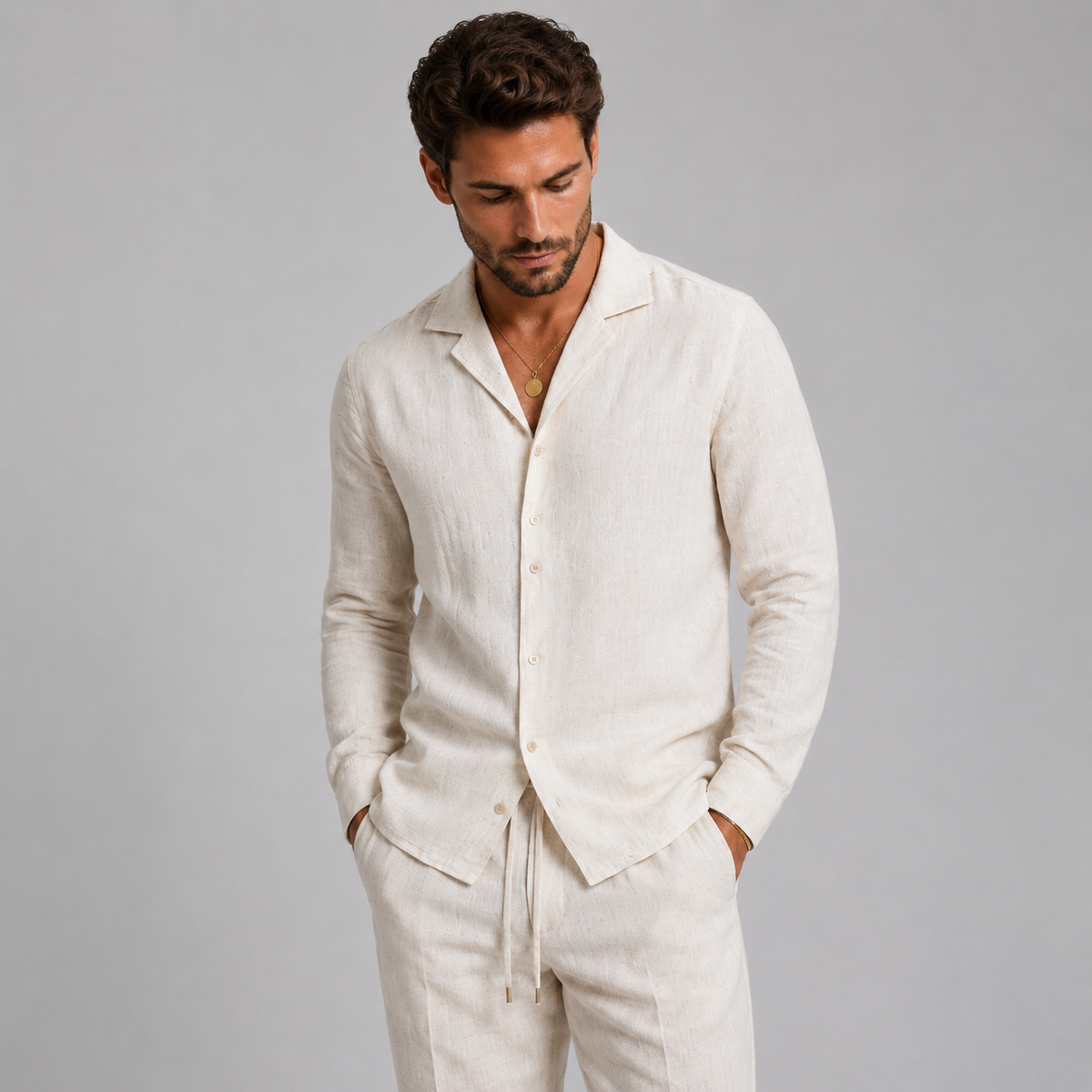 Men’s Linen Style Shirt & Trousers Set